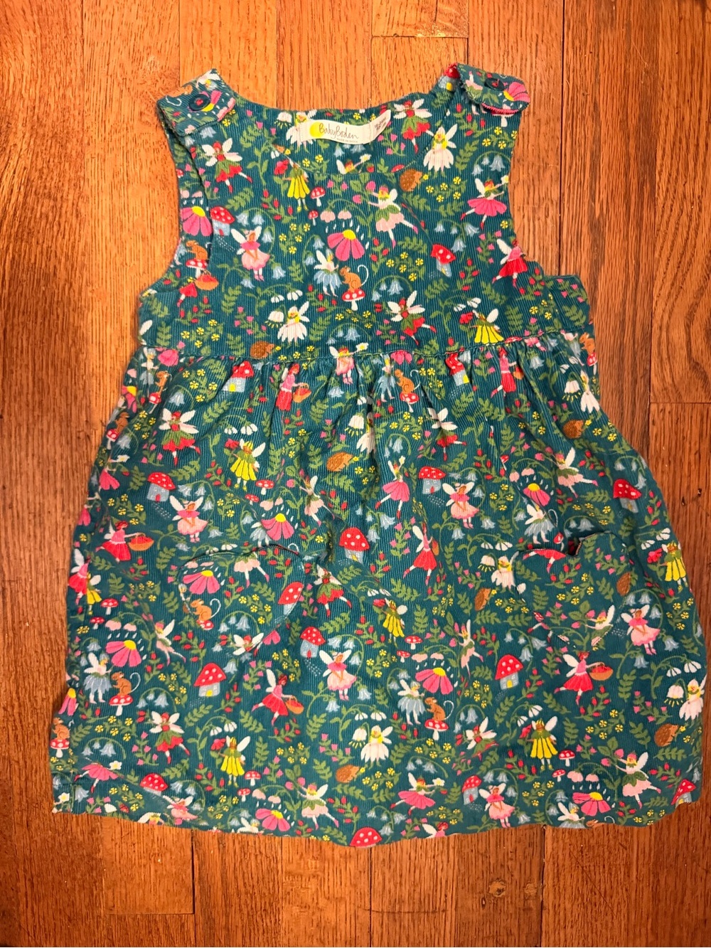 Baby Boden Fairy Corduroy Dress | Woodland Fairy & Mushroom Print | 18-24 Pinnie